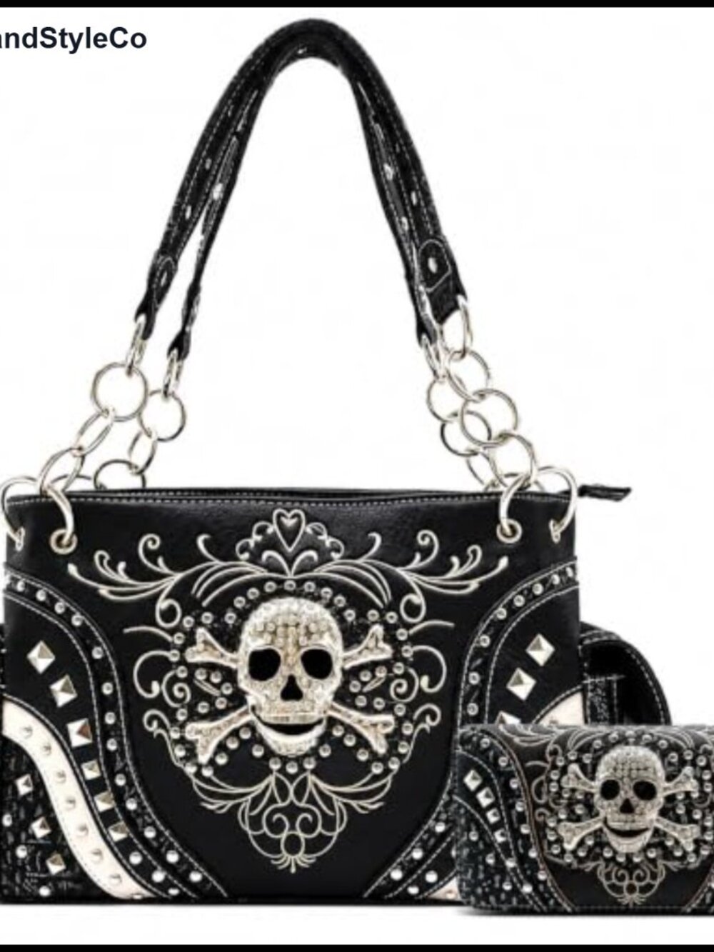Rhinestone Skull Purse and Wallet Set Western Gothic Shoulder Bag 2-Piece